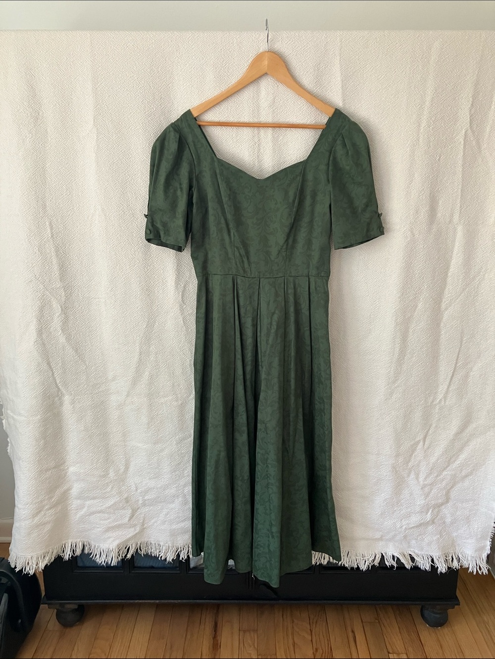 EUC Vintage Laura Ashley Green Damask Cotton Dress with Back Bow Detail